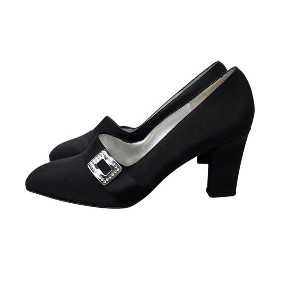 St. John Black Fabric Square Crystal Accent Italian Pumps 7 - Picture 8 of 8
